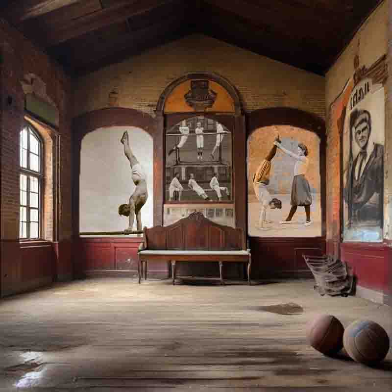 The glory of an historic Turner gymnasium, complete with pictures and a basketballs.