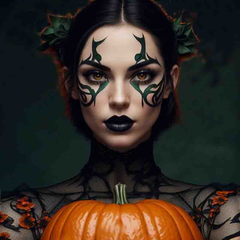 A gorgeous woman with Halloween makeup holding a pumpkin.