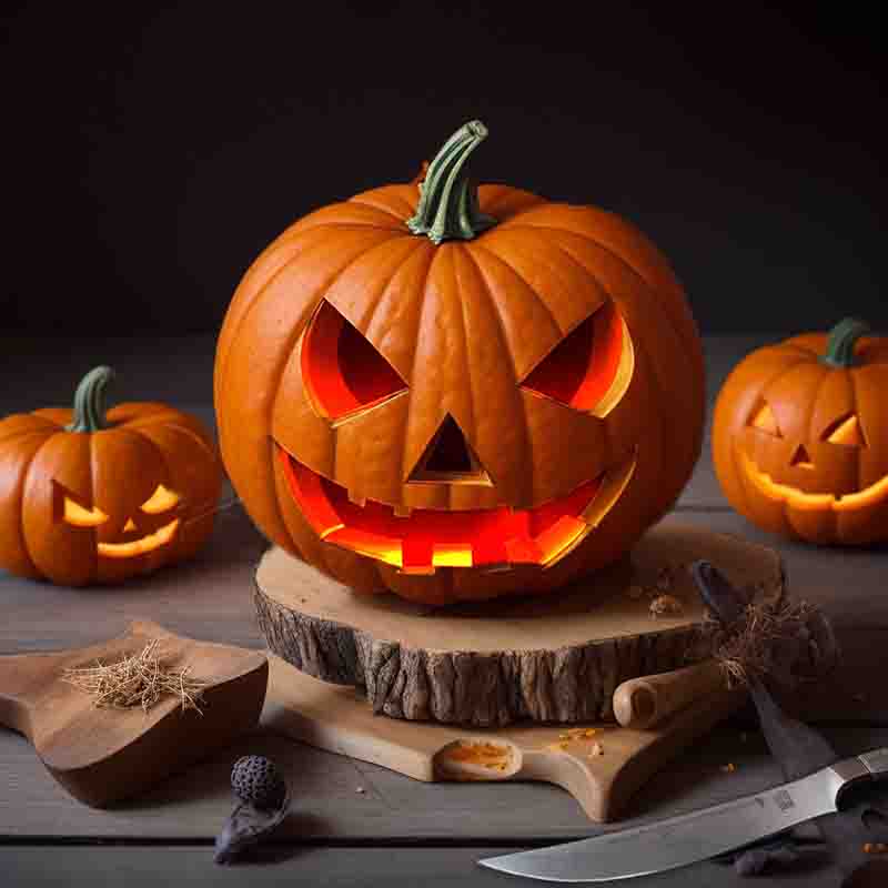 Festive pumpkins with carved with expressive spooky and magical faces arranged on a wooden table for Halloween.