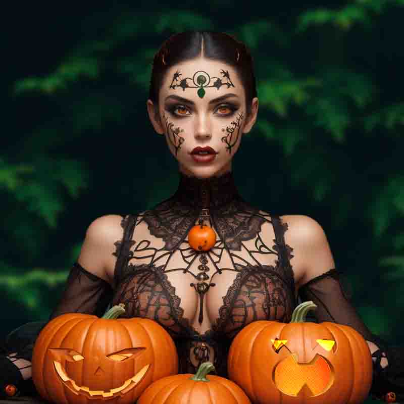 A stunning woman adorned in Halloween makeup poses with pumpkins, exuding an enchanting aura.