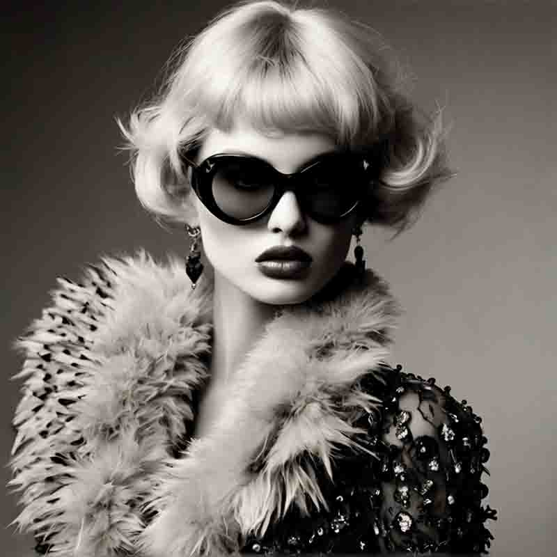 A fashion model wearing sunglasses and a haute couture fur coat.