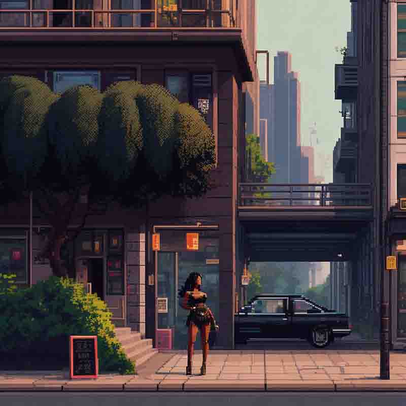 Pixel art of a woman standing in front of a city building amidst a urban landscape.