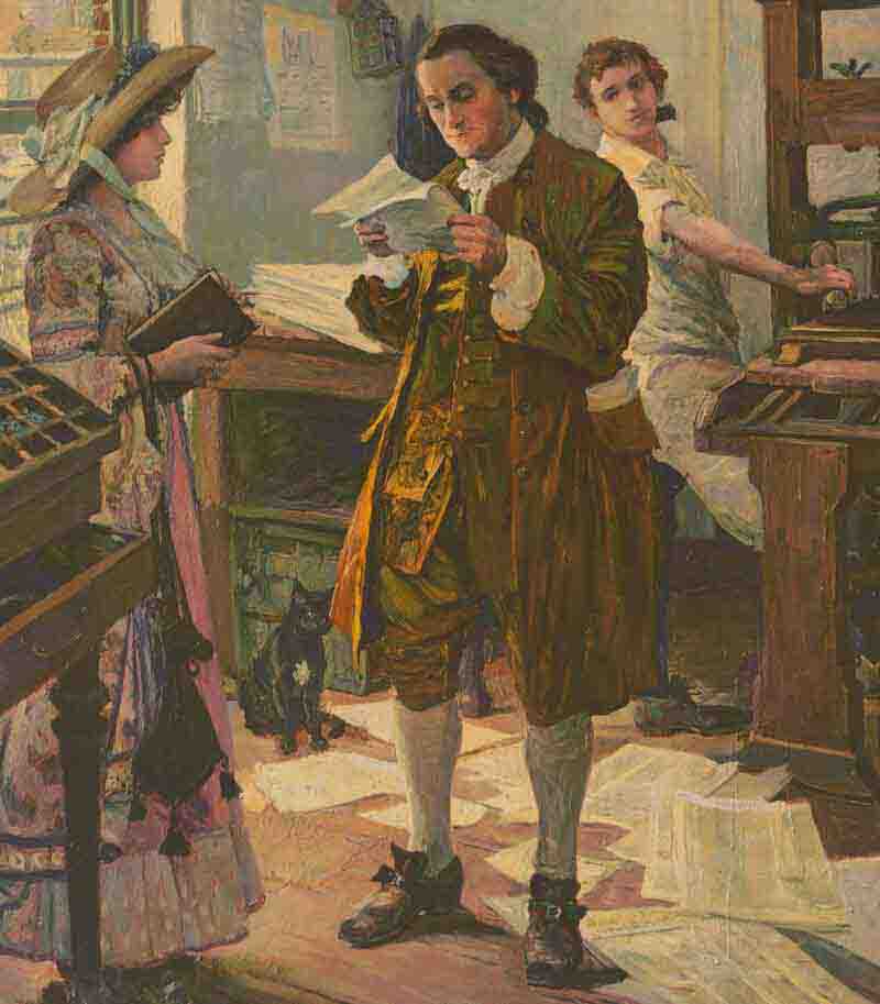 historical painting of a newspaper editorial office in Philadelphia