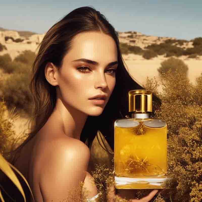 Depiction of a beautiful Ibiza Model with a Hierbas Ibicencas bottle in an Ibiza rural setting.. The background is a landscape characterized by sand dunes and sparse shrubs, creating an atmosphere of solitude and tranquility.