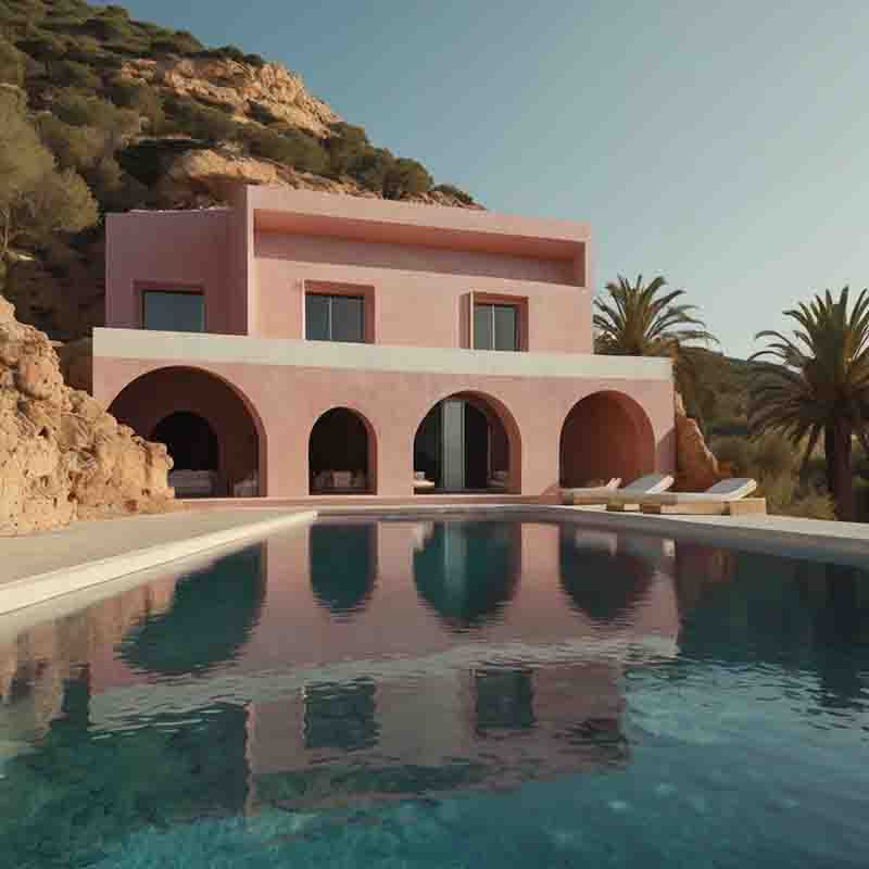 A charming pink Ibiza real estate property with a sparkling pool situated in front, surrounded by a lush green landscape.