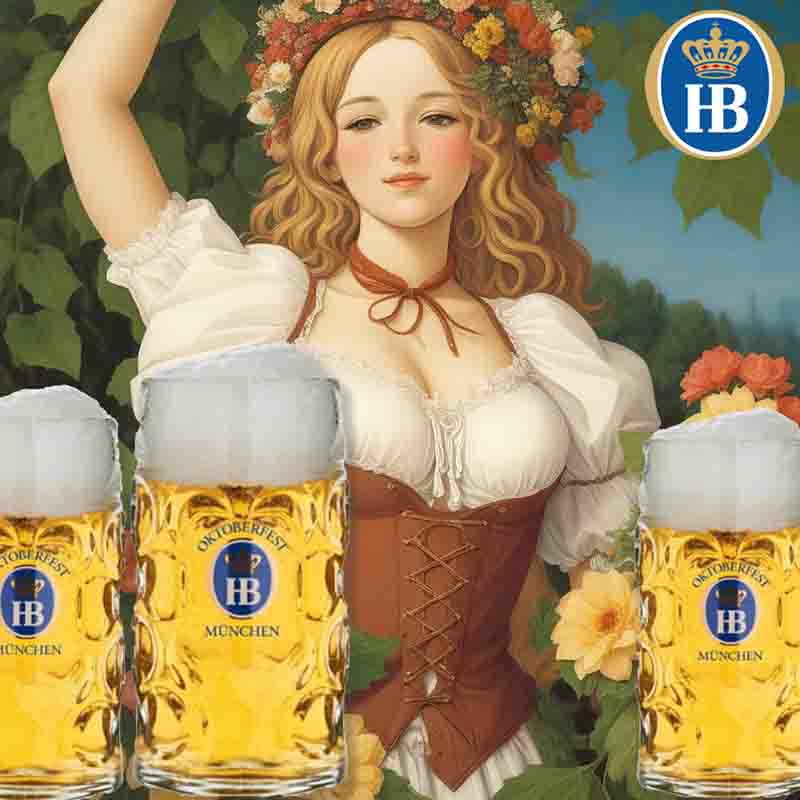 Bavarian Beauty in traditional dress with Hofbräuhaus Steins. She is wearing a traditional Bavarian dress