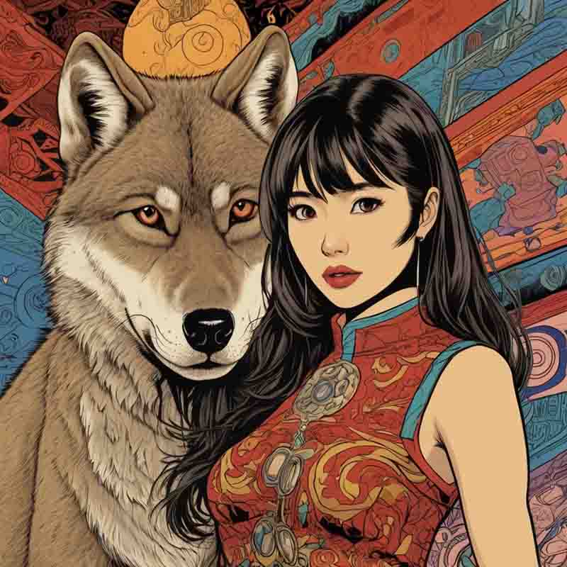 Japanese J-POP lady in an elegant oriental dress stands next to a majestic wolf in a tranquil setting.