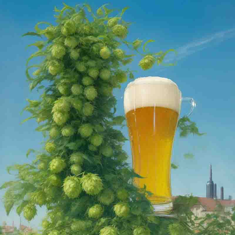 Image of a tall glass of Munich lager beer next to a large hop plant. The beer has a white head on it and is a golden color.  In the backgound the beer capital Munich.