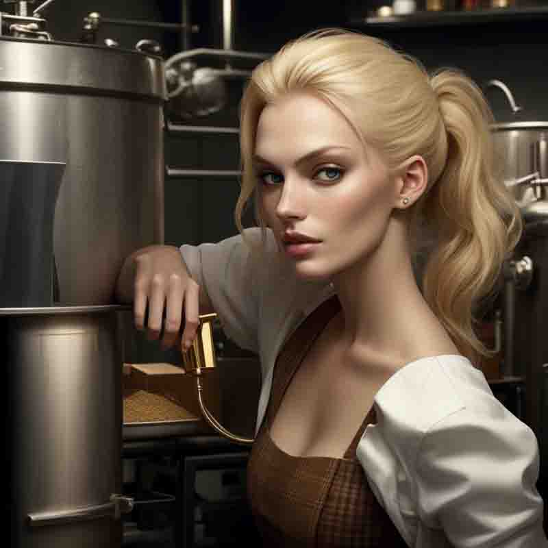 A stunning blonde beer brewer radiating elegance and warmth.