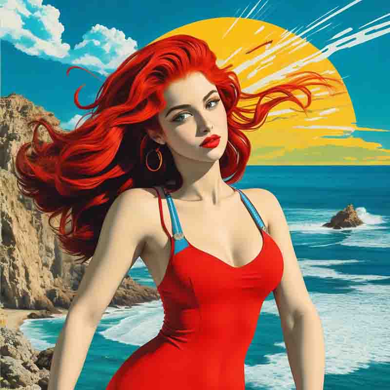 Redhead Ibiza beauty in red swimsuit in front of seaside and cliff scenery with blue sky and yellow sunset.