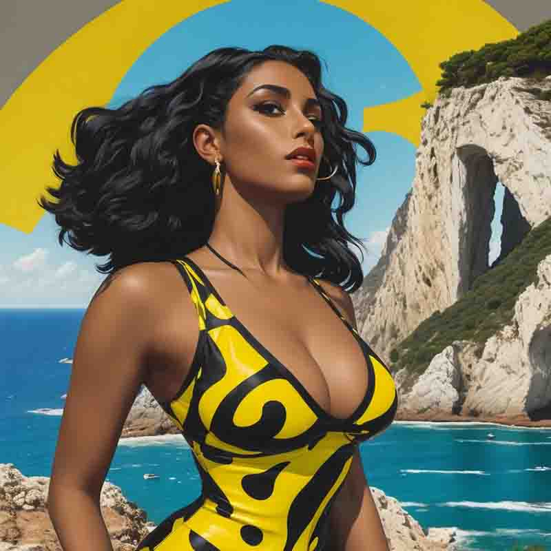 Tanned Ibiza beauty in yellow black patterned swimsuit in front of sea and cliff scenery with blue sky and yellow sunset.