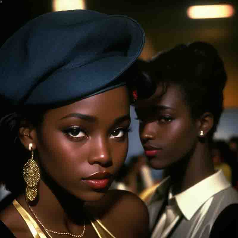 Two sensual black women at the Warehouse Club in Chicago. They are wearing shiny outfits. The woman in the foreground wears a blue hat and gold earrings. The background is dimly lit.