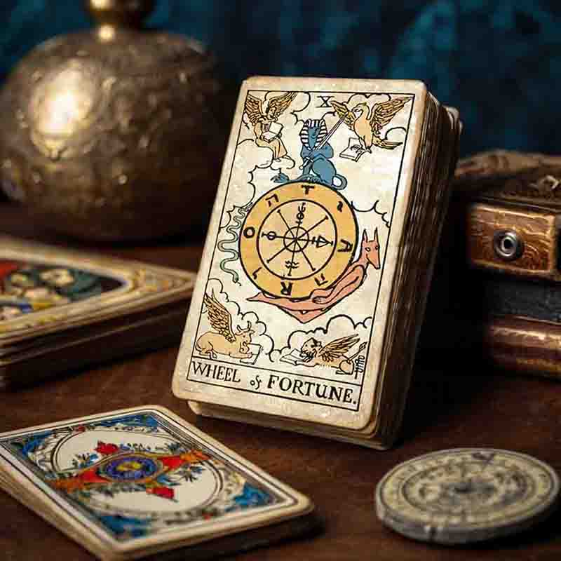 A collection of tarot cards spread on a table alongside various other mystical items and tools for divination.