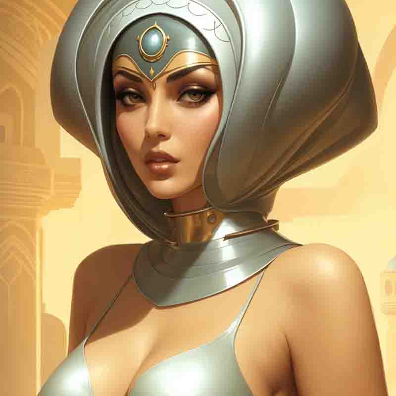 A science fiction woman wearing a silver outfit and a headdress.