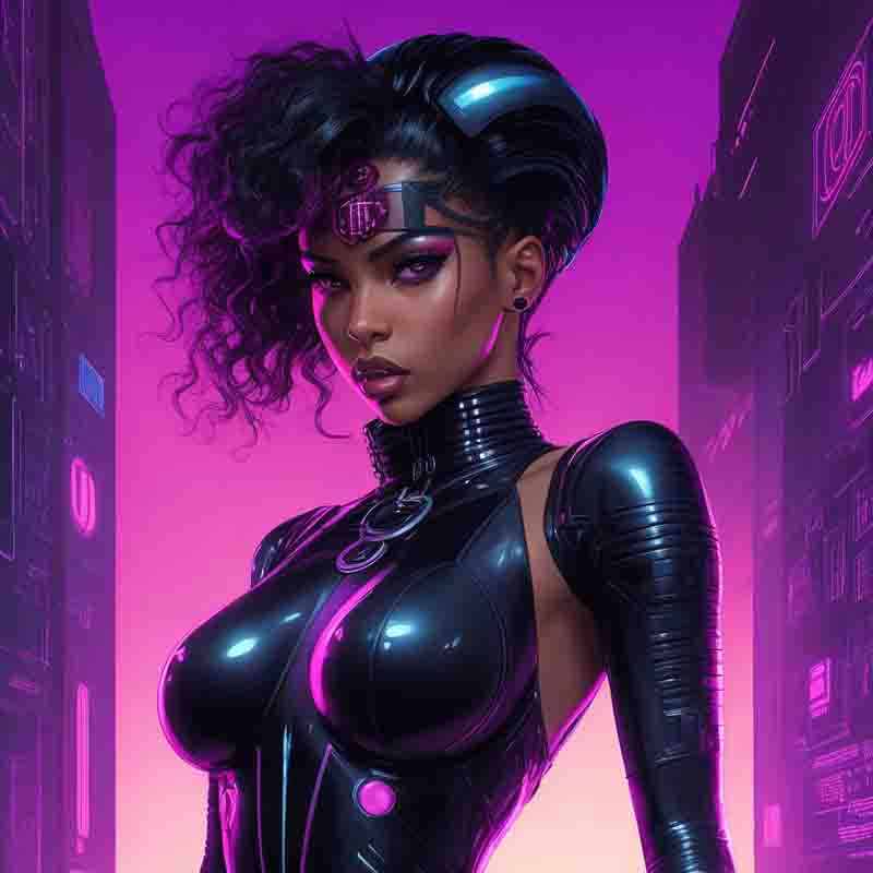 Cyber Punk woman with purple hair wearing a futuristic outfit.