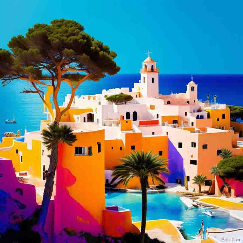 Realistic fine art painting of a colorful Ibicencan village by the sea. It captures the beauty and lightness of the art scene of Ibiza.