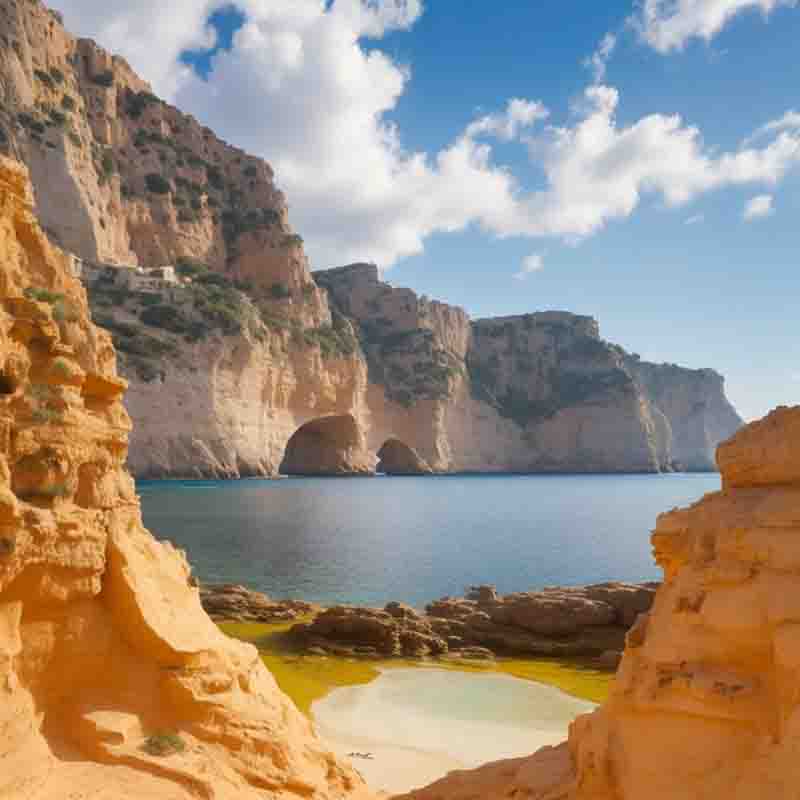 Image of a beautiful coastal landscape at Ibiza Alantis, Sa Pedrera with a rocky cliff with a small beach at the bottom, made of orange and yellow limestone. The Mediterranean sea is a beautiful blue color and is very calm, the sky is blue with a few clouds.