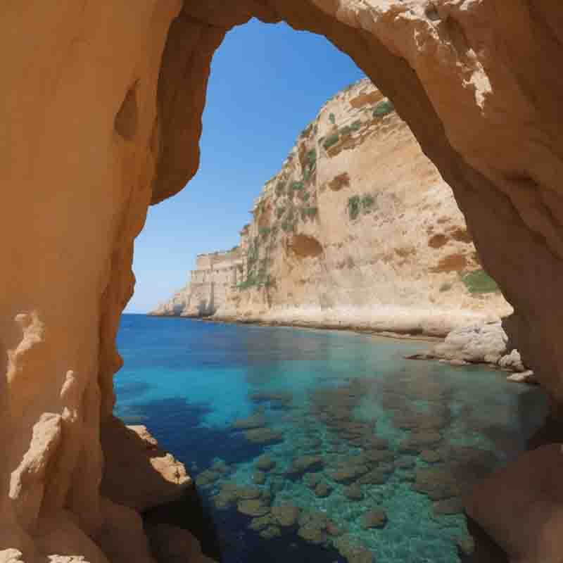 View of the Mediterranean through a natural arch at at Ibiza Atlantis, Sa Pedrera, Ibiza. The arch is formed in of limestone in a cliff overlooking the water, and it is large enough for a person to walk through.