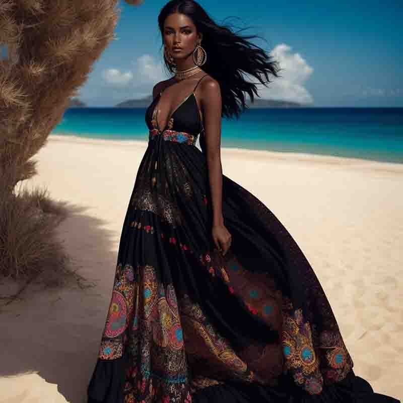 Photo-realistic depiction of ablack model standing on a beach with the sea in the background. She is wearing a long black boho dress adorned with colorful patterns of flowers and circles. The sky above is light blue with a few clouds scattered across it.