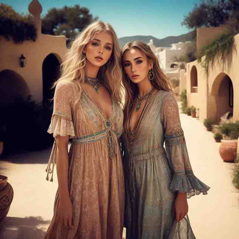 Photo-realistic depiction of two Ibiza boho models. They are dressed in bohemian style dresses that are long and flowing with intricate patterns and colors. The background consists of a building with arches and potted plants, set in a desert-like environment under a clear blue sky.