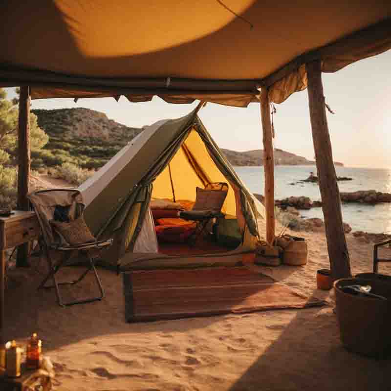 A picture depicting a tranquil camping facility on the beach. In the center is a large green and beige tent with a canopy. A few camping utensils are spread around the tent. In the background the vastness of the Mediterranean Sea and the rocky hills of Ibiza.