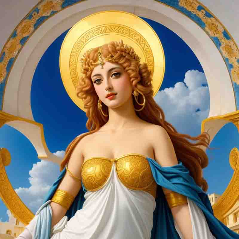 A classic painting of a young blonde beautiful woman who is supposed to represent the Ibizan goddess Tanit. In the background a temple-like building and blue sky.