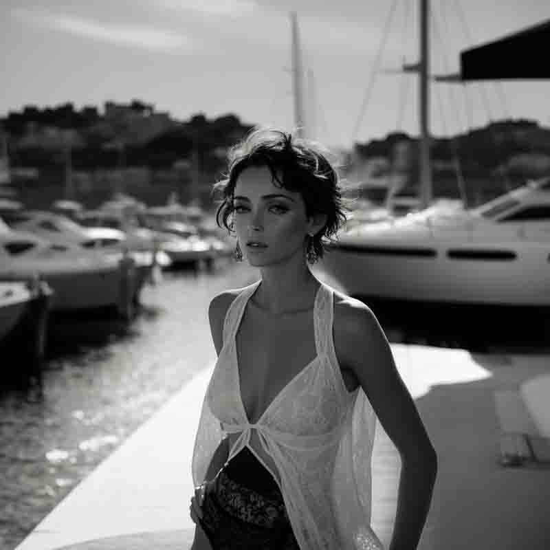 Black and white photo of a sensual woman walking on the Ibiza Marina pier with boats in the background. She is dressed in a white, sheer top. The background features the Ibiza marina with several boats docked.