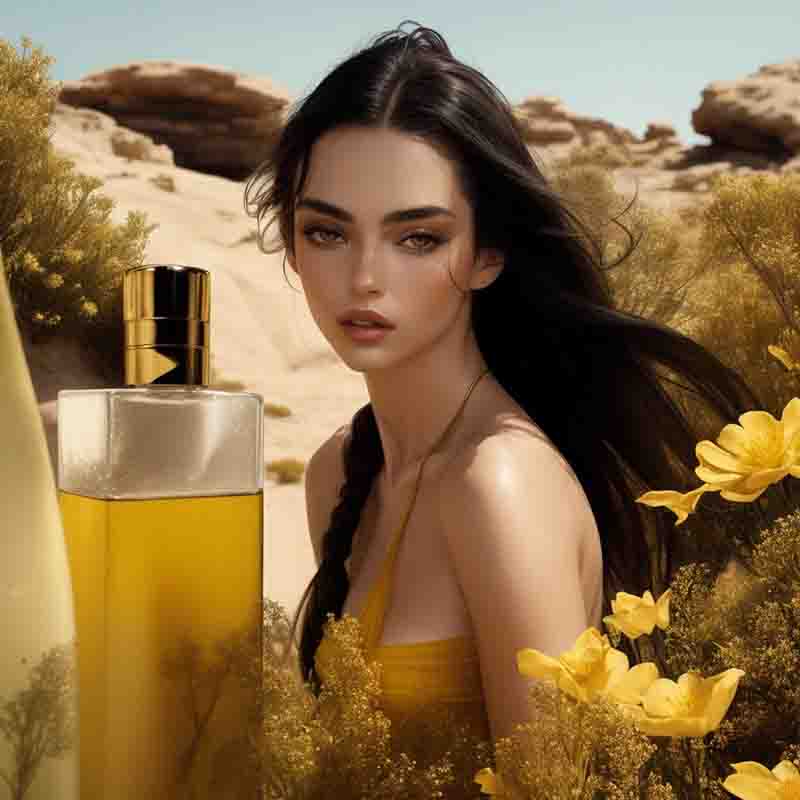 Depiction of a beautiful Ibiza Model with a Hierbas Ibicencas bottle in an Ibiza rural setting. The Hierbas Ibicencas bottle is tall and rectangular, with a gold cap. The background consists of a desert landscape with rocks and wild aniseed growing in Ibiza.