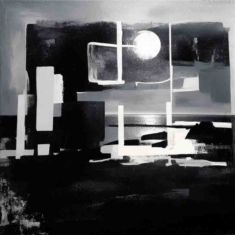 Black and white fine art abstract painting of a moon rising over an Ibiza body of water. The moon is a large, crescent shape, and it is surrounded by wispy clouds.