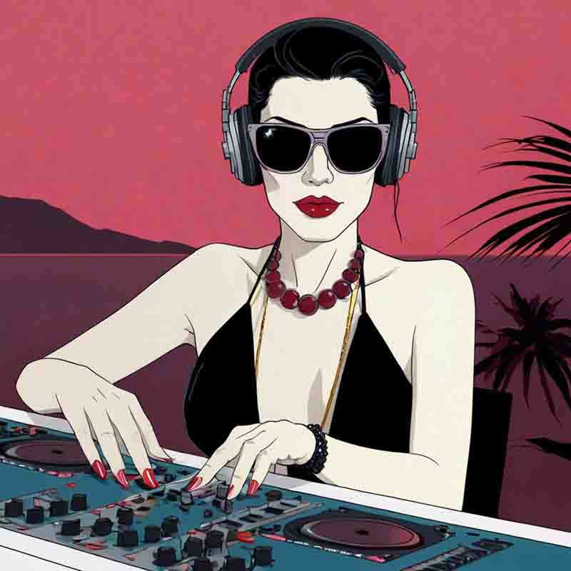 A woman wearing sunglasses and headphones is seen at a DJ table, ready to entertain the crowd.