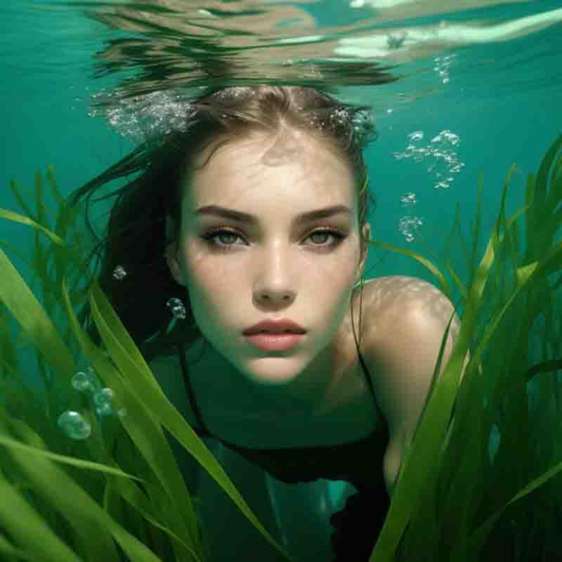 Ibiza mermaid swimming underwater in a greenish-blue body of water. She is wearing a black swimsuit and is surrounded by green Ibiza Posidonia Oceanica Seagrass Meadows. The water is clear, allowing a good view of the Ibiza underwater ecosystem.