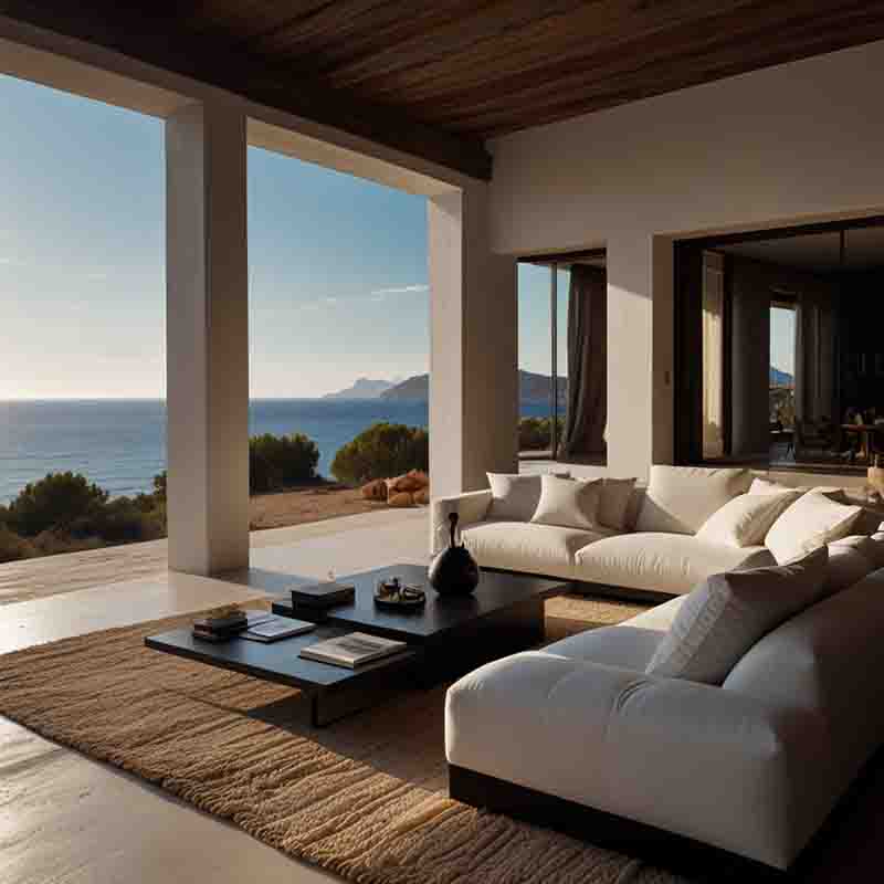 A bright Ibiza real estate living room featuring white furniture and a stunning view of the ocean through large windows.