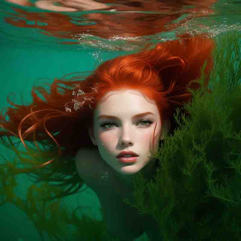 Ibiza mermaid swimming vibrant red hair swimming underwater. underwater. The hair flows freely in the water, she surrounded by green Ibiza Posidonia Oceanica Seagrass Meadows. The water is clear, allowing a good view of the Ibiza underwater ecosystem.