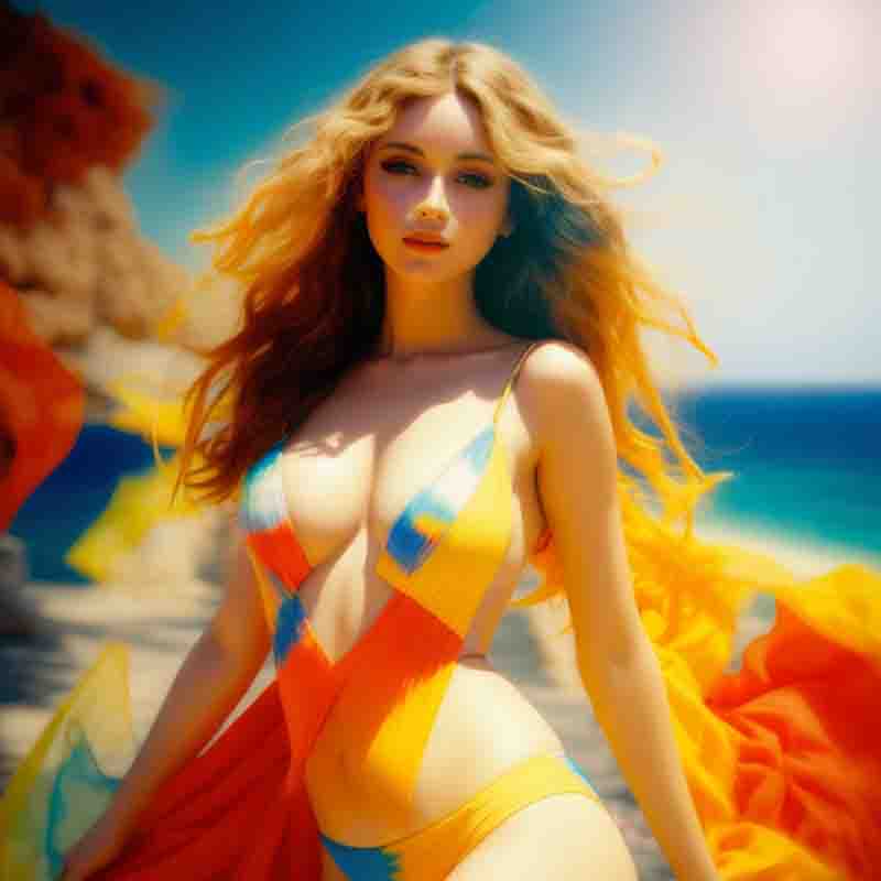 Fine art painting of a beautiful and sensuous woman with flowing hair and multicoloured swimsuit gazing promisingly standing on the shore of Ibiza