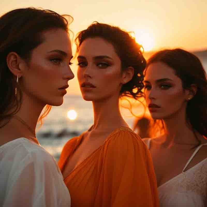 Three Ibiza Wellness and Healing models standing on a beach at sunset. The background is breathtaking with Mediterranean sea and the sun setting on the horizon, painting the sky with hues of orange and red. It’s a captivating image that encapsulates a tranquil wellness and healing beach evening.