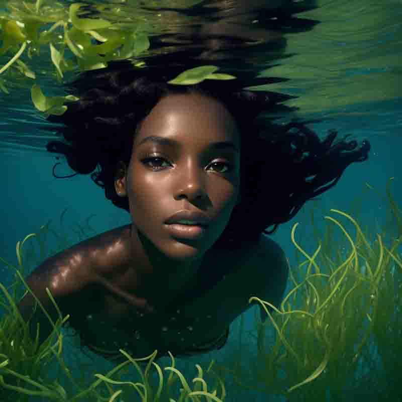 Black Ibiza mermaid swimming underwater, surrounded by an enchanting underwater landscape. Green biza Posidonia Oceanica Seagrass Meadows plants surround her, enhancing the natural beauty of the scene.