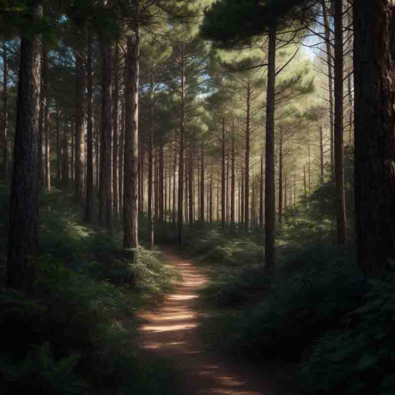 Path leading through a pine forest in Ibiza. The trees are tall and green, and they are covered in leaves. The sun is shining through the trees, creating a dappled effect on the path. The overall impression is one of peace and tranquility.