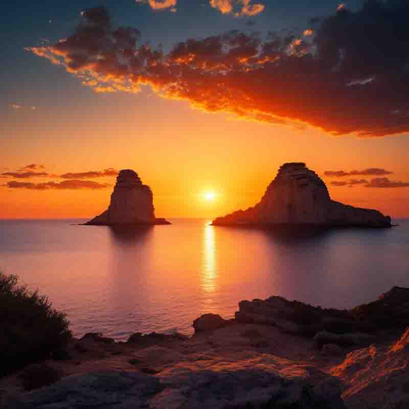 Beautiful sunset over the Mediterranean Sea in Ibiza. he sun is setting behind the horizon, and the sky is a vibrant orange. The water is calm and peaceful. The rocks in the foreground are dark and craggy, providing a stark contrast to the colorful sky.