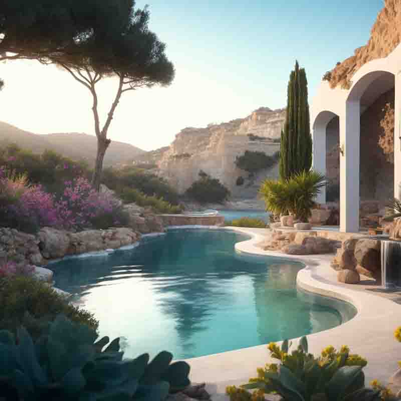 Ibiza Wellness and Healing swimming pool surrounded by rocks and trees. The image is one of peace and tranquility. It is a perfect place to relax.