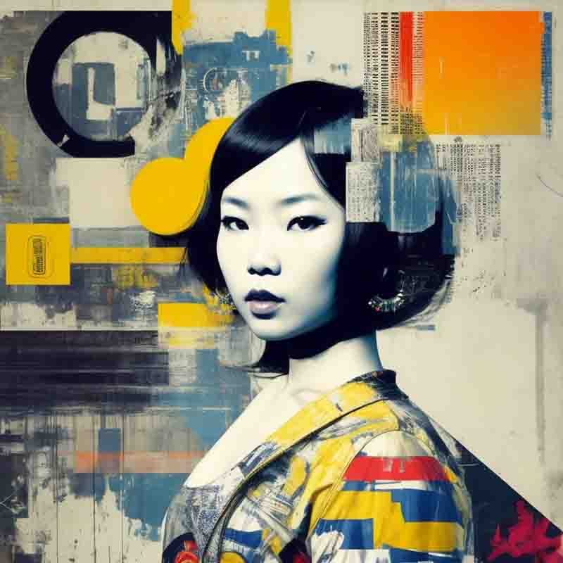 Modern blue chip art piece of an Asian female's head and upper body. The background is a mix of blue, gray, and white colors with text and geometric shapes scattered throughout.