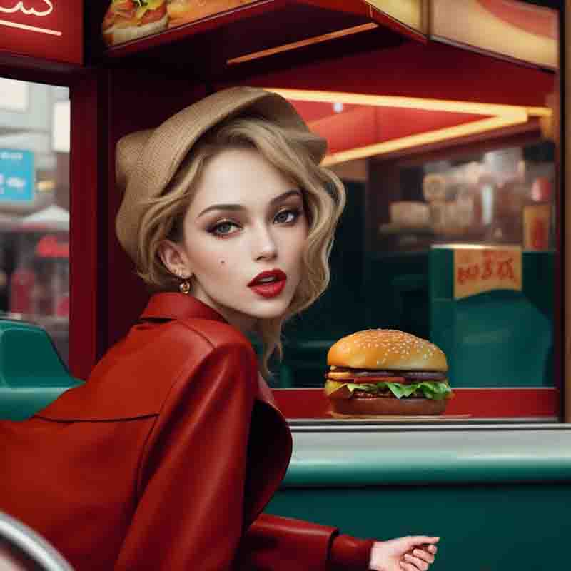 A woman in a red leather jacket enjoying a burger while sitting in a fast food booth.