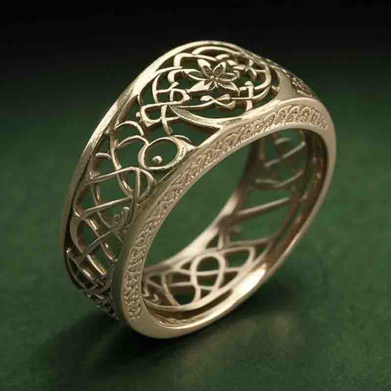 Iconic Gold ring with a Celtic design on a green surface. The ring is made of a single band of gold, with a continuous Celtic knot pattern engraved around it. The knot pattern is intricate and complex, with a variety of different symbols and motifs intertwined.