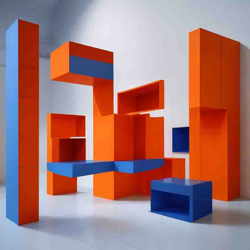 Photo-realistic image of an abstract sculpture made of orange and blue rectangular blocks. The sculpture is made up of multiple blocks of different sizes and shapes, arranged in a way that creates an illusion of depth and perspective.