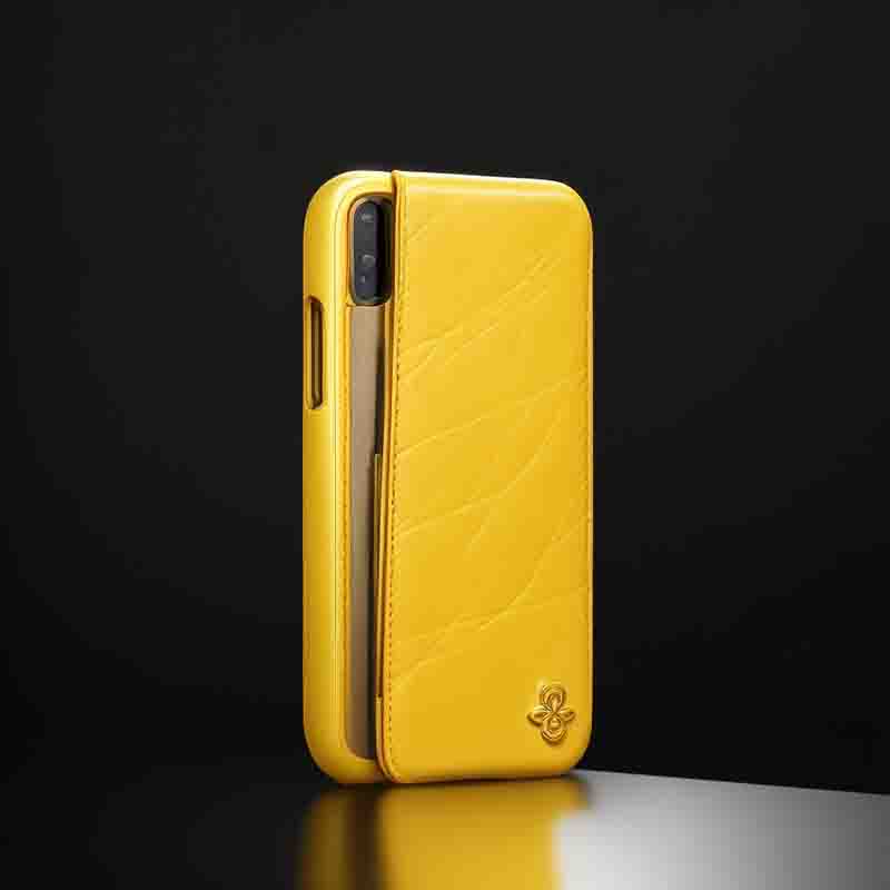 A vibrant yellow leather case designed for the iPhone XR, providing stylish protection for your device.