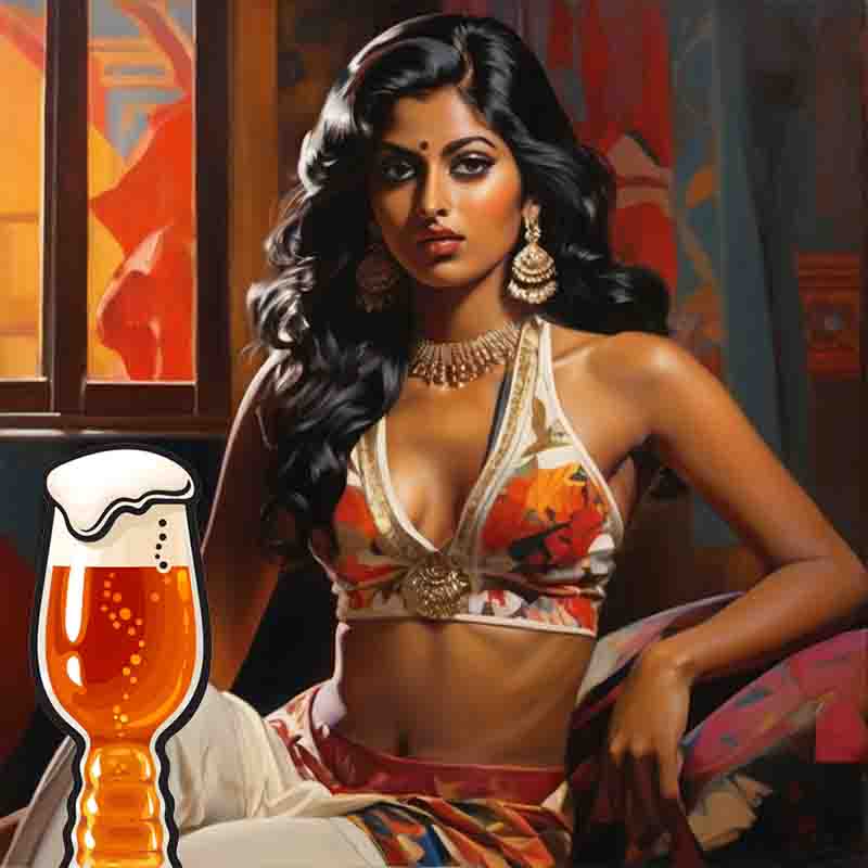 Indian woman in a bikini sits beside a glass of India Pale Ale (IPA).