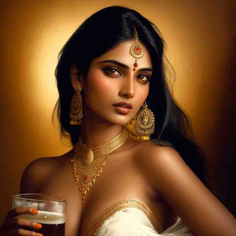 A beautiful sensual Indian woman in front of a golden brown setting holding a glass of beer in her hand.