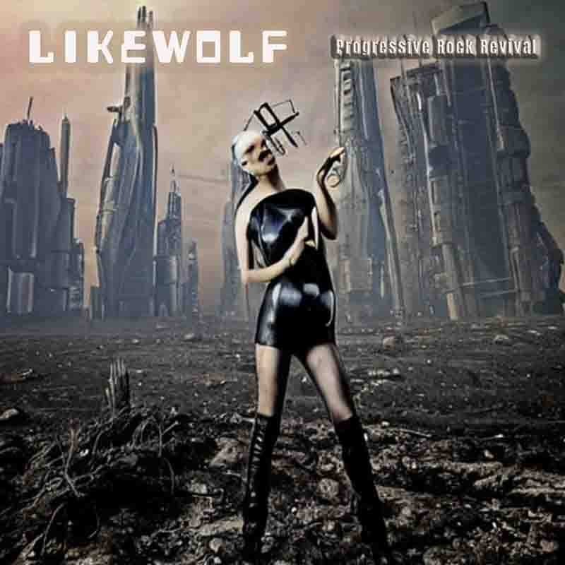 An abstract female figure stands in a futuristic, surreal prog rock setting. The lettering reads Likewolf, Progressive Rock Revival