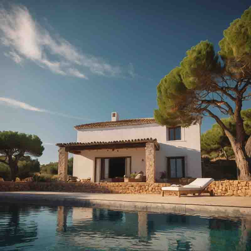 A picturesque Ibiza real estate finca featuring a pool, set against a backdrop of lush trees, ideal for relaxation and leisure.