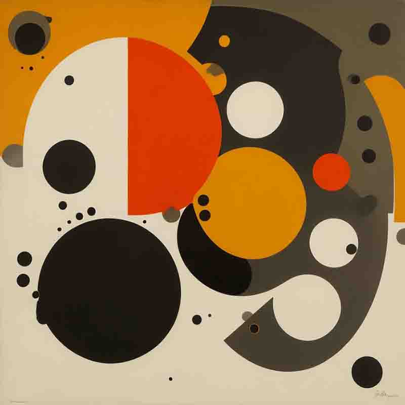 An abstract blue chip art painting featuring circles in black, orange, and white colors.