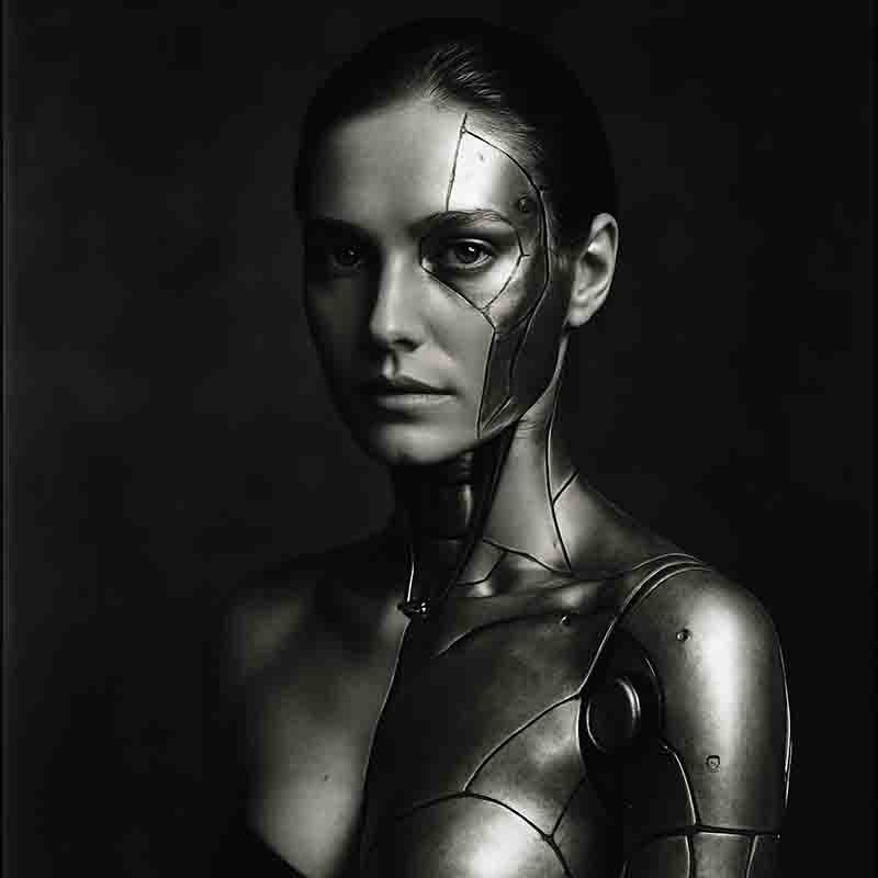Is AI good or bad? A woman with an AI robotic body and face, showcasing a blend of human and machine features in a futuristic design.